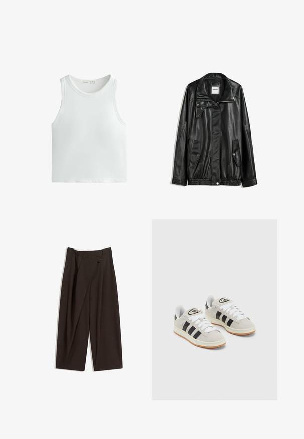 Black leather jacket with zippered front, snap-button closure, two side pockets, and elasticized hem. Features a structured collar and smooth texture.; White ribbed tank top with wide straps and a rounded neckline. Made from a soft, stretchy material for comfort and fit.; Dark brown wide-leg trousers with a high waist, featuring a single button closure and a pleated front. Made from lightweight fabric.; Gray suede sneakers with white laces, black stripes, and a white rubber sole. Features a circular logo on the tongue and a gum sole.
