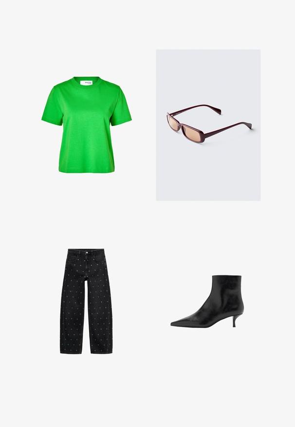 Sort læderjakke med lynlås foran, trykknaplukning, to sidelommer og elastisk kant. Har en struktureret krave og glat overflade.; Selected Femme SLFESSENTIAL BOXY TEE - T-shirts basic - classic green; Sorte denim bredbuks med et mønster af små sølvøjer, med et klassisk fem-lomme design og knaplukning foran.; Sort læder ankelstøvle med spidse tæer, slank kitten-heels og glat overflade. Enkel design uden dekorerende accenter.; Bordeaux solbriller med rektangulære rammer, gradientlinser og slanke arme. Materialet har en glat, blank overflade.