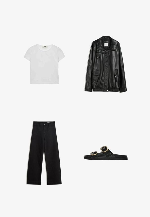 Črna usnjena jakna z zadrgo spredaj, zapiranjem na gumb, dvema stranskima žepoma in elastičnim robom. Ima strukturiran ovratnik in gladko teksturo.; Bela majica s kratkimi rokavi in okroglim ovratnikom, izdelana iz mehke bombažne tkanine, ki ima preprost, čist dizajn brez vidnih vzorcev ali poudarkov.; Črne široke denim hlače z visokim pasom, ki imajo sprednje in zadnje žepe, šivane šive ter gumbasto zapiranje. Gladka tekstura.; Črne drsne sandale z dvema zlatima zaponkama, gladkega materiala, ravnim podplatom in minimalističnim dizajnom.