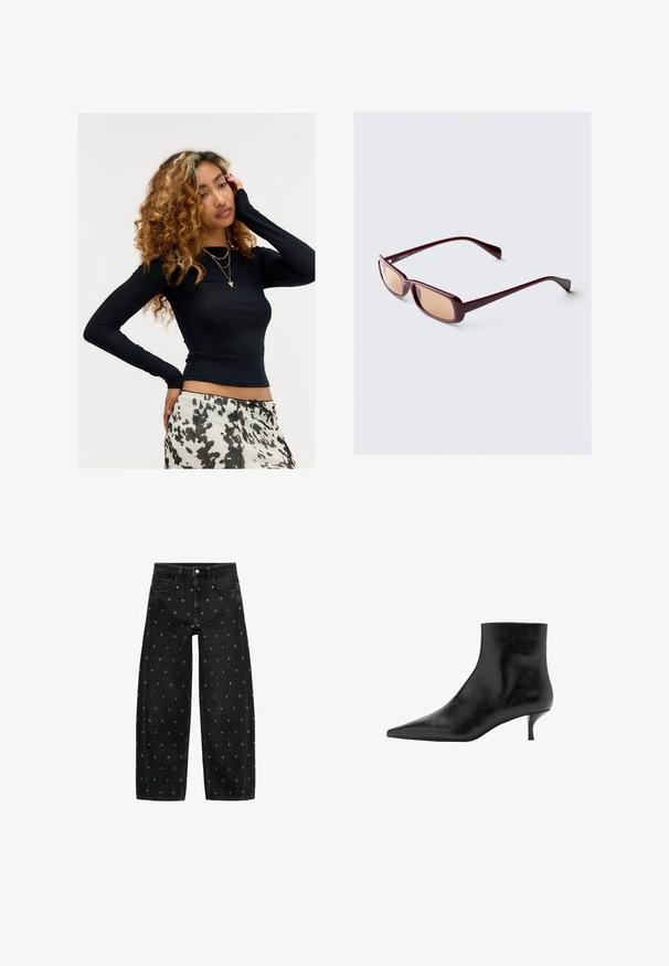 Mustat nahkatakki vetoketjulla edessä, napilla suljettava, kahdella sivutaskulla ja elastisella helmalla. Ominaisuuksiin kuuluu muotoiltu kaulus ja sileä pinta.; Nuori nainen, jolla on kiharat hiukset, pukeutuneena mustaan pitkähihaiseen paitaan, kerroksellisiin kultaketjuihin ja valko-mustakuvioiseen hameeseen, poseeraa toinen käsi kasvoillaan.; Mustat farkut, joissa on leveät lahkeet ja pieniä hopeisia niittejä, klassinen viisi-taskuinen muotoilu ja nappisuljenta edessä.; Musta nahkasaapas nilkkamittaisella, teräväkärkisellä, kapealla kitten-korkealla ja sileällä pinnalla. Yksinkertainen muotoilu, ei koristeellisia yksityiskohtia.; Burgundy aurinkolasit suorilla kehyksillä, joissa on gradienttilinssit ja elegantit sangan osat. Materiaali on sileä ja kiiltävä.