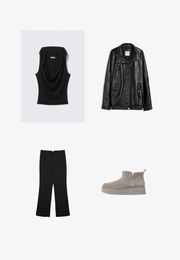 Sort læderjakke med lynlås foran, trykknaplukning, to sidelommer og elastisk kant. Har en struktureret krave og glat overflade.; Sort ærmeløs top med draperet halsudskæring, lavet af blødt, strækbart stof. Har en løs pasform og minimalistisk design. Mærke synligt indeni.; Sorte bukser med lige pasform, der har frontlommer og slidser i kanten. Lavet af blødt, glat stof. Velegnet til forskellige anledninger.; Grå ruskind ankelstøvle med lav profil, elastiske sidepaneler og en tekstureret gummisål. Har en løkke til nem påtagning.