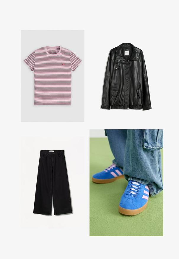 Fekete bőrkabát cipzáros elejével, patentos záródással, két oldalsó zsebbel és elasztikus aljjal. Struktúrált gallérral és sima textúrával rendelkezik.; Csíkos, rövid ujjú póló rózsaszínben, pirosban és kékben. Rózsaszín bordás kereknyakú kialakítással és egy apró piros logóval a bal mellen. Pamut keverék anyag.; Bershka WIDE-LEG - Széles szárú - black; Kék velúr cipők rózsaszín csíkokkal és fehér fűzővel, gumiból készült talppal, laza farmernadrággal egy zöld felületen.