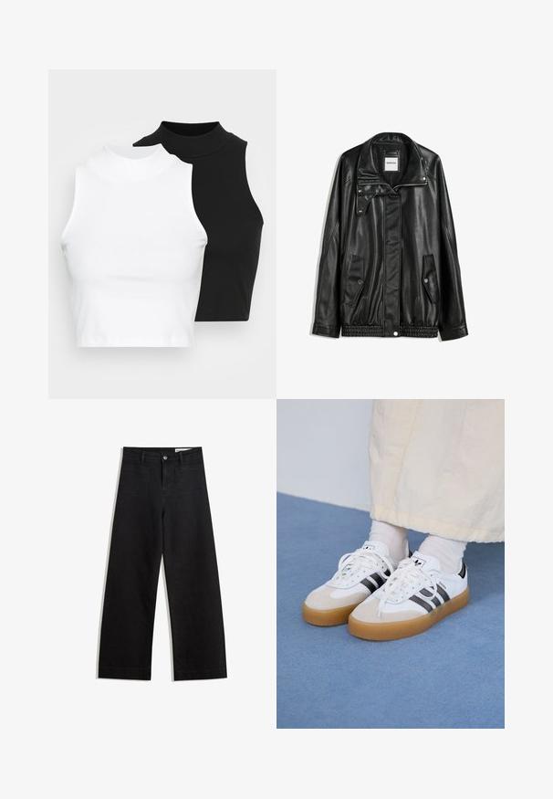 Fekete bőrkabát cipzáros elejével, patentos záródással, két oldalsó zsebbel és elasztikus aljjal. Struktúrált gallérral és sima textúrával rendelkezik.; Két ujjatlan, bordázott garbós top fekete és fehér színben, testhezálló kialakítással és sima textúrával, rövidített hosszal.; Fekete, bő szabású farmernadrág magas derékkal, elülső és hátsó zsebekkel, varrott felületekkel és gombos záródással. Sima textúra.; Fehér sportcipő fekete csíkokkal és bézs velúr részletekkel. Texturált gumi talppal és lapos fehér fűzőkkel rendelkezik, világos színű zoknival viselve.