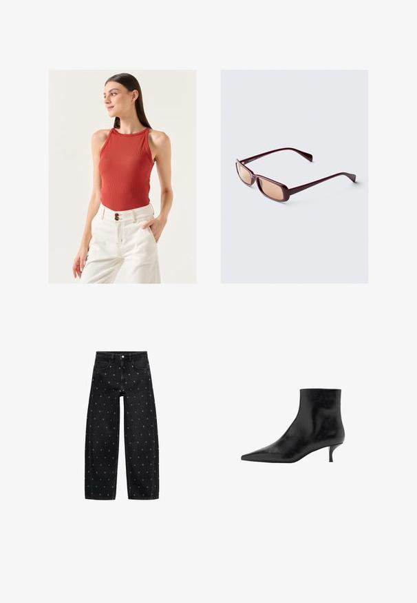 Giubbotto in pelle nera con zip frontale, chiusura a bottoni a pressione, due tasche laterali e orlo elasticizzato. Presenta un colletto strutturato e una texture liscia.; Jimmy Key SLIM FIT HALTER NECK BASIC TOP - Top - brown; Jeans a gamba larga in denim nero con un motivo di piccoli occhielli in argento, dotati di un classico design a cinque tasche e chiusura con bottone.; Stivale alla caviglia in pelle nera con punta affusolata, tacco a kitten slim e superficie liscia. Design semplice, senza decorazioni.; Occhiali da sole bordeaux con montatura rettangolare, lenti sfumate e aste eleganti. Il materiale ha una finitura liscia e lucida.