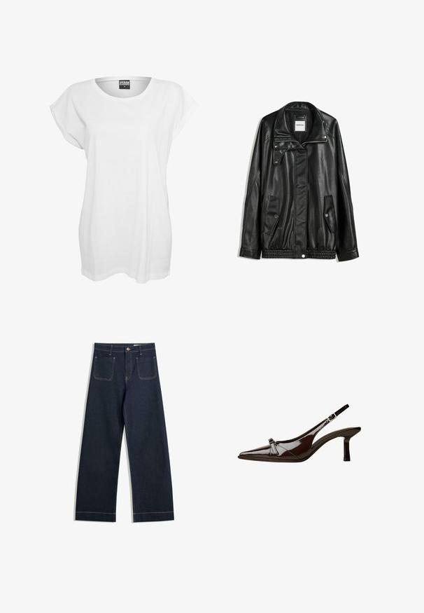Zwarte leren jas met rits aan de voorkant, drukknopen-sluiting, twee zijzakken en elastische onderrand. Beschikt over een gestructureerde kraag en een gladde textuur.; Witte kortomoto T-shirt van katoen, met een ontspannen pasvorm, wijde halslijn en een minimalistisch ontwerp zonder patronen of accenten.; Donkerblauwe wijde jeans gemaakt van denim met contrasterende tan stiksels, twee achterzakken en een knoopsluiting bij de taille.; Bruine gepatineerde leren slingback schoen met een spitse neus, lage hak en een decoratieve strikaccent aan de voorkant. Glad, glanzend oppervlak.