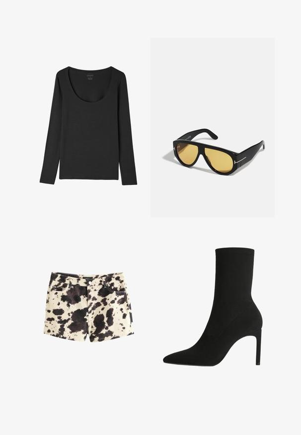 Schwarze Lederjacke mit Reißverschluss vorne, Knopfverschluss, zwei seitlichen Taschen und elastischem Saum. Verfügt über einen strukturierten Kragen und eine glatte Textur.; Schwarzes Langarmoberteil mit weitem Rundhalsausschnitt, aus weichem, dehnbarem Stoff, mit entspannter Passform und schlichter Gestaltung.; Denim-Shorts mit beigem Grundton und einem schwarz-braunen Kuhfell-Muster. Verfügt über fünf Taschen, einen Metallknopfverschluss und Kontrastnähte.; Schwarzer Knöchelstiefel aus weichem Wildleder, mit einer spitzen Zehe und hohen Stiletto-Absätzen. Minimalistisches Design ohne sichtbare Beschläge oder Muster.; Schwarze Sonnenbrille mit geometrischem Rahmen, gelben Gläsern und goldenen Akzenten an den Bügeln. Glatte Oberfläche, breiter Schnitt, zeitgemäßes Design.