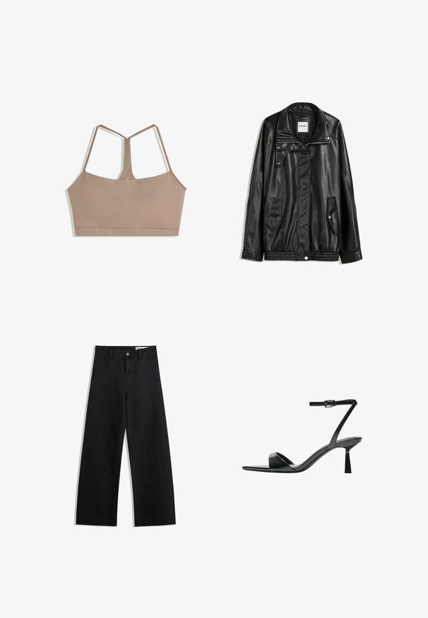Schwarze Lederjacke mit Reißverschluss vorne, Knopfverschluss, zwei seitlichen Taschen und elastischem Saum. Verfügt über einen strukturierten Kragen und eine glatte Textur.; BH in einem gedämpften Braunton mit glatter Textur, ausgestattet mit verstellbaren Spaghettiträgern und einem quadratischen Ausschnitt, ohne sichtbare Verschlüsse.; Schwarze weit geschnittene Jeans mit hoher Taille, ausgestattet mit Vorder- und Hintertaschen, gesteppten Nähten und einem Knopfverschluss. Glatte Textur.; Bershka High Heel Sandalette - black