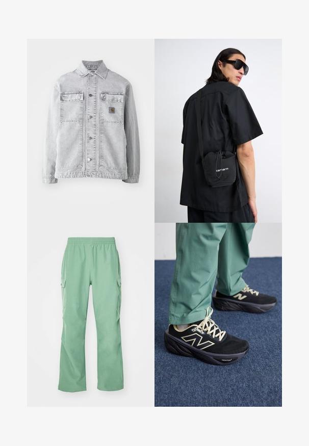 Világosszürke farmerdzseki, pontnyakkal, két elülső zsebbel, patentgombokkal és finom logóval a mellkason.; Tengerészkék kötött pulóver, kábelmintával, kerek nyakkal, bordás mandzsettákkal és szegéllyel. Texturált anyagból készült, hogy melegen tartson.; Világos zöld cargo nadrág, elasztikus derékkal, sima anyagból készült, két oldalsó zsebbel és egyenes szabású lábakkal.; Fekete sportcipők hálós felsőrésszel, krémszínű részletekkel és vastag párnázott talppal. Zöld, tapered szabású nadrággal párosítva.; Fekete, rövid ujjú póló egy személynél, amelyhez egy kis fekete zsinóros táska tartozik, fehér logóval. A háttér semleges és minimalista.