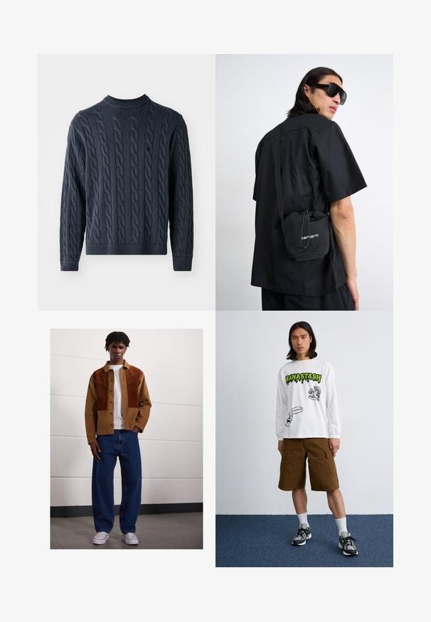 Jachetă din denim de culoare gri deschis, cu guler tip punct, două buzunare frontale, nasturi cu prinsere și un detaliu logo discret pe piept.; Pulover tricotat de culoare albastru marin, cu un model de cablu, gât rotund și manșete și tiv rib. Fabricat dintr-un material texturat pentru căldură.; Bărbat stând în interior, purtând un sacou din corduroy maro cu pete de rugină, tricou alb, blugi largi albaștri și adidași albi.; Tricou alb cu mânecă lungă, decorat cu grafice negre și verzi, purtat împreună cu pantaloni scurți cargo maro și adidași multicolori. Fundal simplu.; Cămașă neagră cu mânecă scurtă purtată de o persoană, asortată cu un rucsac mic negru cu șnur, având un logo alb. Ambientul este neutru și minimalist.