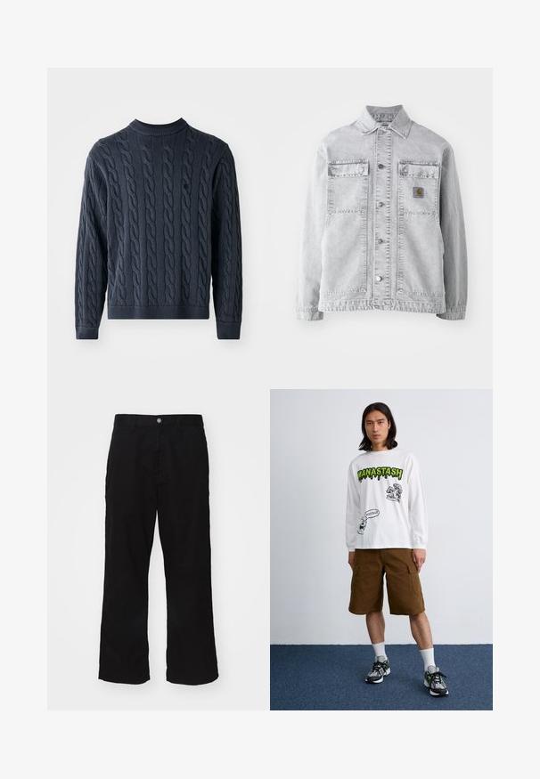 Light gray denim jacket featuring a point collar, two front pockets, snap buttons, and a subtle logo patch on the chest.; Navy blue knitted sweater featuring a cable pattern, crew neck, and ribbed cuffs and hem. Made of textured fabric for warmth.; Black wide-leg pants made from cotton blend fabric, featuring a button closure and straight cut with minimal visible stitching.; Long-sleeve white t-shirt with black and green graphics, paired with brown cargo shorts and multicolored sneakers. Plain background.