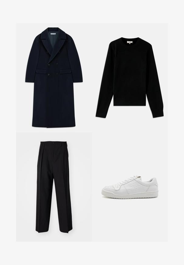 Námornícky modrý dvojradový dlhý vlněný kabát so širokými klopami a vreckami s chlopňami, navrhnutý do chladného počasia.; Čierny pletený sveter s klasickým okrúhlym výstrihom. Má dlhé rukávy a rebrované manžety a lem. Vyrobený z mäkkého, ľahkého materiálu.; Čierne skladané nohavice s rovnom, širokým strihom. Vyrobené z hladkého materiálu, s gombíkovým zapínaním a pútkami na opasok.; Biele kožené tenisky s textúrovanou bočnou časťou a perforovanou špičkou, so plochými šnúrkami a zvýšenou gumovou podrážkou. Názov značky "SANDRO" vyrazený na päte.