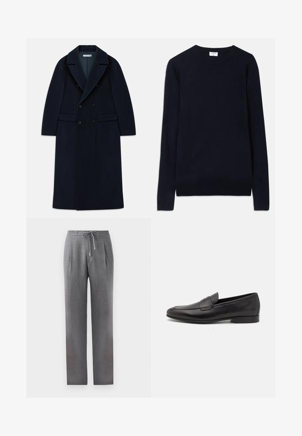 Casaco longo de lã azul-marinho, de duplo peito, com lapelas largas e bolsos de aba, desenhado para o clima frio.; Suéter de gola redonda azul marinho feito de tecido macio, com mangas longas e detalhes canelados na gola e na barra. Design limpo e minimalista.; Calças cinzas, ajustadas, com uma cintura elástica, pregas e pernas retas. A textura do tecido é suave, com um acabamento discretamente estampado.; Sapatilha masculina em couro preto, com salto baixo e um design clássico com tira de moeda, apresentada em perfil lateral sobre um fundo branco.