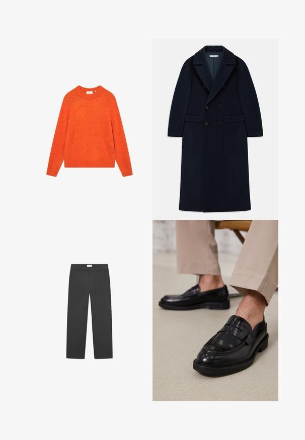 Abrigo largo de lana azul marino con doble botonadura, solapas anchas y bolsillos con solapa, diseñado para climas fríos.; Suéter naranja hecho de una tela suave, con un cuello y dobladillo acanalados, mangas largas y un corte holgado. Sin patrones ni adornos.; Pantalones gris ajustados con corte recto, que cuentan con un cierre de botón, bolsillos laterales y una textura de tela suave.; Mocasines de cuero negro con un acabado suave, que cuentan con una correa decorativa y costuras en contraste, combinados con pantalones beiges.