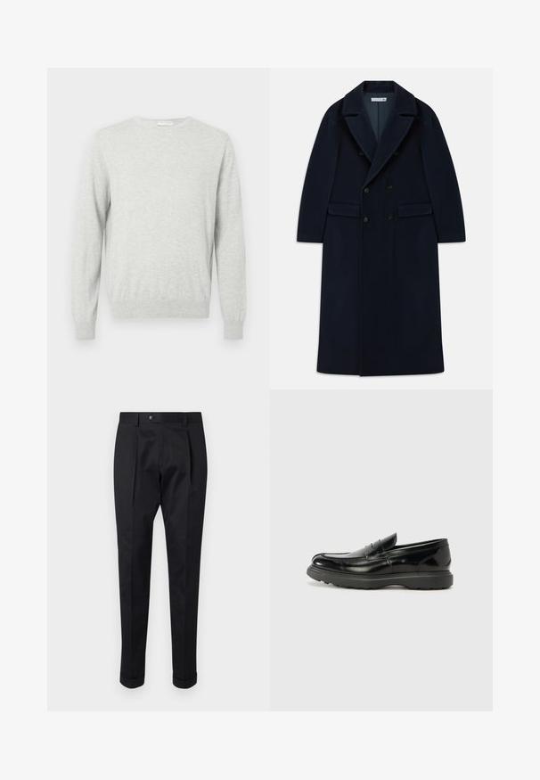 Marineblauer doppelt knöpfbarer, langer Wollmantel mit breiten Revers und Klappentaschen, entworfen für kaltes Wetter.; Hellgrauer langer Pullover mit Rundhalsausschnitt und gerippten Bündchen und Saum, auf einem schlichten Hintergrund präsentiert.; Schwarze Hosen aus einem glatten Stoff, mit einem Faltenwurf vorne, einem Knopfverschluss und umgeschlagenen Säumen am Knöchel.; Schwarze Lederloafer mit glanzendem Finish, abgerundetem Zehenbereich, subtilen Steppnähten und einer dicken Gummisohle für Langlebigkeit.