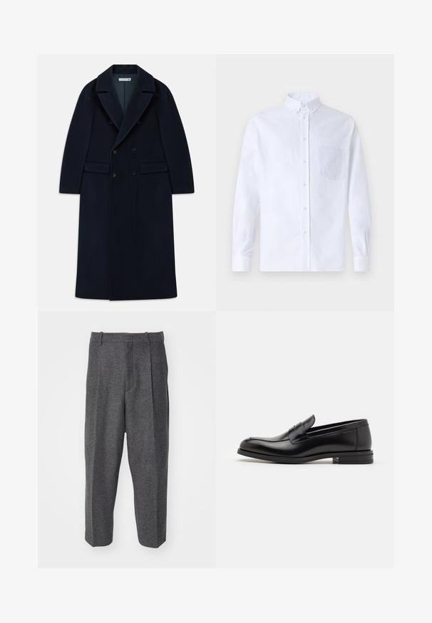 Marineblauer doppelt knöpfbarer, langer Wollmantel mit breiten Revers und Klappentaschen, entworfen für kaltes Wetter.; Weißes Langarm-Hemd mit Knöpfen aus Baumwolle, ausgestattet mit einer Brusttasche mit tonalem Stickerei, einem Kragen und Knopfmanschetten.; Graue Wollhose mit strukturierter Oberfläche, im Faltendesign, mit weitem Bein und einem Bund ohne sichtbare Verschlüsse.; Schwarze Lederloafers mit glatter Textur, rundem Zehenbereich und einem dekorativen Riemen über dem Vorderfuß. Niedriger, gestapelter Absatz, minimalistisches Design.