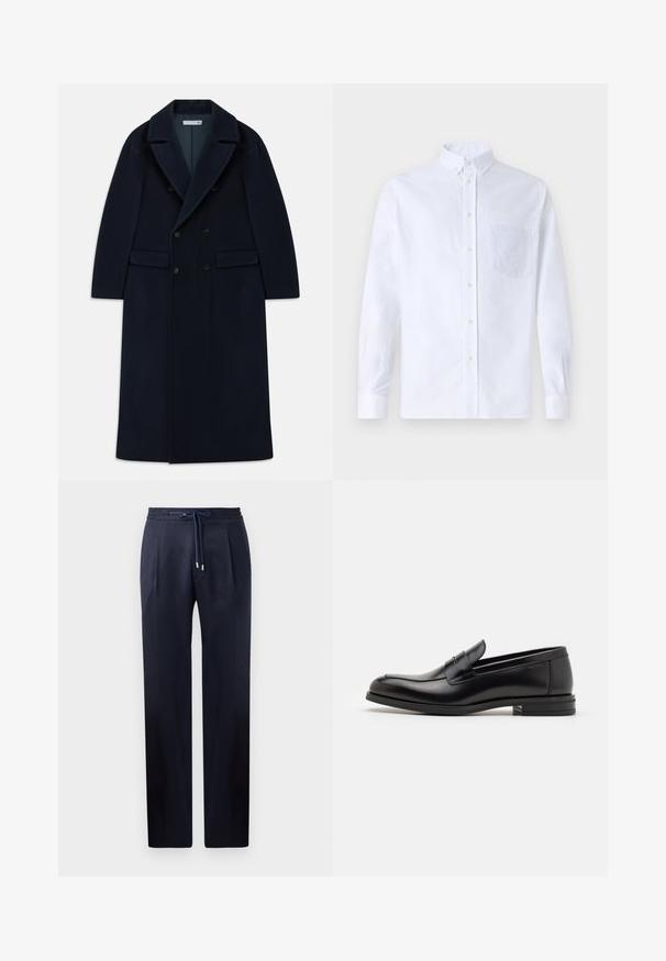 Tumedast sinine kahepaneelne pikk villane mantel laiate klappidega ja flapi taskutega, mis on mõeldud külmade ilmade jaoks.; Valge pikamaa varrukatega nööbiga särk, mis on valmistatud puuvillast ja millel on rinna tasku toon-toonis brodeeringuga, krae ja nööbiga mansetid.; Tumed sinised püksid lõdva lõikega, elastne vöökoht ja paelaga sulgemine. Omab kahte esist plisseed ja sirgeid jalgu ilma taskuteta.; Mustad mustad nahast loafers sileda tekstuuriga, ümarat ninaosa ja dekoratiivne riba vampi üle. Madal kihiline konts, minimalistlik disain.