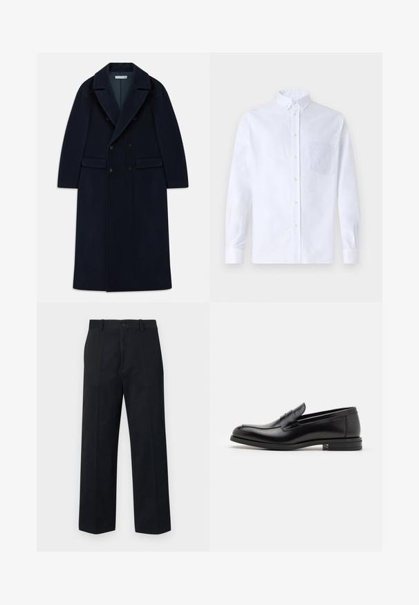 Marineblauwe dubbelknoop lange wollen jas met brede revers en klepzakken, ontworpen voor koud weer.; Witte lange mouwen overhemd van katoen, met een borstzak met tonale borduring, een kraag en knopenmanchetten.; Zwarte broeken met een rechte pasvorm, gemaakt van stevige stof. Voorzien van een knoopsluiting, riemlussen en twee voorkruiszakken. Schoon, minimalistisch ontwerp.; Zwarte leren instappers met een gladde textuur, ronde neus en een decoratieve band over de wreef. Lage, gestapelde hak en minimalistisch ontwerp.