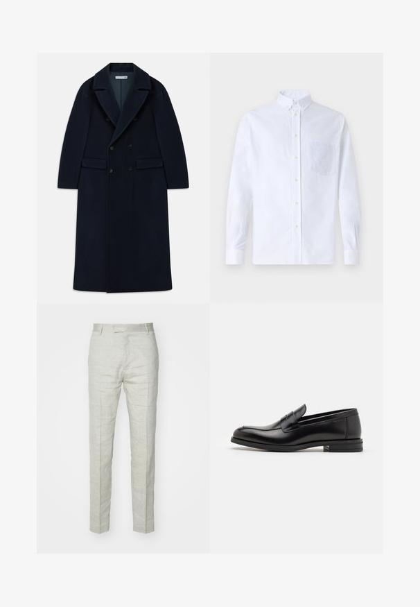 Jūras zila divrindas garā vilnas mētelis ar platām atlokām un kabatām ar atloku, paredzēts aukstam laikam.; Balts garo piedurknēm krekliņš ar pogām, izgatavots no kokvilnas, ar krūšu kabatu ar tonālu izšuvumu, apkakli un pogām pie piedurknēm.; Gai pelēki lina bikses ar slaidu piegriezumu, līdzenu priekšpusi un smalku tekstūru. Iespējas: sašaurināti gali un standarta josta.; Melnas ādas kurpes ar gludu tekstūru, noapaļu purngalu un dekoratīvu siksniņu pāri priekšpusei. Zems sakrauts papēdis, minimālisma dizains.