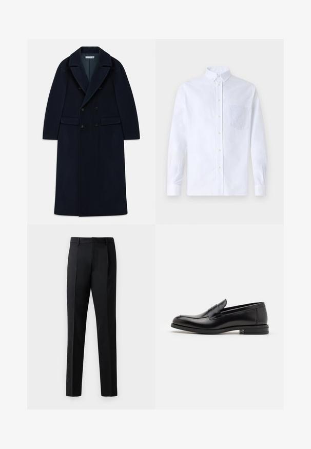 Mørkeblå dobbeltbrystet lang uldfrakke med brede revers og klaplommer, designet til koldt vejr.; Hvid langærmet skjorte med knapper lavet af bomuld, med en brystlomme med tonal broderi, krave og knapmanchetter.; Sorte formelle bukser lavet af et glat stof, med lige bendesign, frontplisseringer og standard talje uden udsmykning.; Sorte læderloafers med en glat overflade, rund tå og en dekorativ strop over vampen. Lav hæl med stabeldesign, minimalistisk stil.