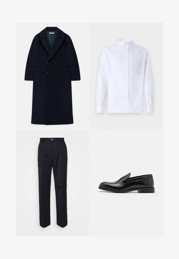 Temno modri dvojno zapenjajoči dolg volneni plašč s širokimi reverji in žepnimi flap, zasnovan za hladno vreme.; Bela dolgo rukava srajca s kragnico, izdelana iz bombaža, z žepom na prsih in toniranimi vezeninami ter gumbi na manšetah.; Črne krojene hlače s ravnim krojem, narejene iz gladkega materiala, z zapenjanjem na gumb spredaj in dvema stranskima žepoma.; Črne usnjene loafer čevlje z gladko teksturo, zaobljenim nosom in dekorativnim trakom čez zgornji del. Nizka zložena peta, minimalističen dizajn.