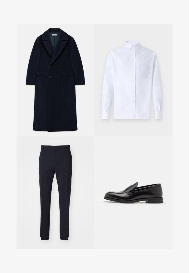 Temno modri dvojno zapenjajoči dolg volneni plašč s širokimi reverji in žepnimi flap, zasnovan za hladno vreme.; Bela dolgo rukava srajca s kragnico, izdelana iz bombaža, z žepom na prsih in toniranimi vezeninami ter gumbi na manšetah.; Mornarski krojeni hlače iz tkanine, z ravnim sprednjim delom, z zankami za pas in naravnost krojenimi nogami. Brez vidnih vzorcev ali kovinskih delov.; Črne usnjene loafer čevlje z gladko teksturo, zaobljenim nosom in dekorativnim trakom čez zgornji del. Nizka zložena peta, minimalističen dizajn.