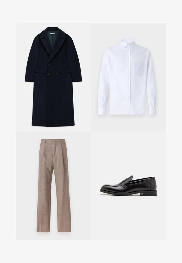 Marineblauer doppelt knöpfbarer, langer Wollmantel mit breiten Revers und Klappentaschen, entworfen für kaltes Wetter.; Weißes Langarm-Hemd mit Knöpfen aus Baumwolle, ausgestattet mit einer Brusttasche mit tonalem Stickerei, einem Kragen und Knopfmanschetten.; Braune, hochtaillierte Hose aus strukturiertem Stoff. Mit weitem Bein und zwei vorderen Bügelfalten für zusätzliche Form. Saubere Verarbeitung ohne sichtbare Hardware.; Schwarze Lederloafers mit glatter Textur, rundem Zehenbereich und einem dekorativen Riemen über dem Vorderfuß. Niedriger, gestapelter Absatz, minimalistisches Design.