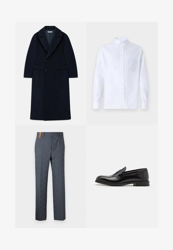 Manteau long en laine bleu marine à double boutonnage avec larges revers et poches à rabat, conçu pour les temps froids.; Chemise blanche à manches longues avec boutons en coton, présentant une poche poitrine avec broderie ton sur ton, un col et des poignets boutonnés.; Pantalons gris à motif avec une texture lisse, présentant un devant plat et un accent en cuir brun au niveau de la taille. Coupe ajustée avec des jambes droites.; Mocassins en cuir noir avec une texture lisse, bout rond et une sangle décorative sur le dessus. Talon bas empilé, design minimaliste.