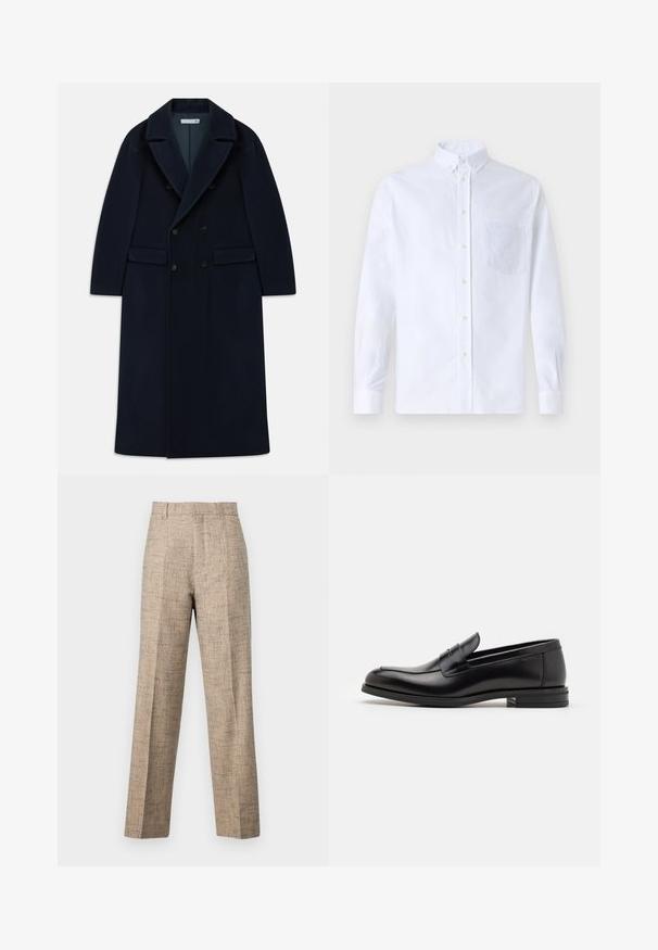 Granatowy, podwójnie zapięty długi płaszcz wełniany z szerokimi klapami i kieszeniami z klapami, zaprojektowany na zimną pogodę.; Biała koszula z długim rękawem na guziki, wykonana z bawełny, z kieszonką na piersi z tonowym haftem, kołnierzykiem i zapięciem na guziki przy mankietach.; Beżowe spodnie w kant z teksturowanej tkaniny, o prostym kroju, z fałdami z przodu i pasem. Bez widocznych kieszeni ani zapięć.; Czarne skórzane mokasyny o gładkiej fakturze, zaokrąglonym nosku i dekoracyjnym pasku na przodzie. Niski, warstwowy obcas, minimalistyczny design.