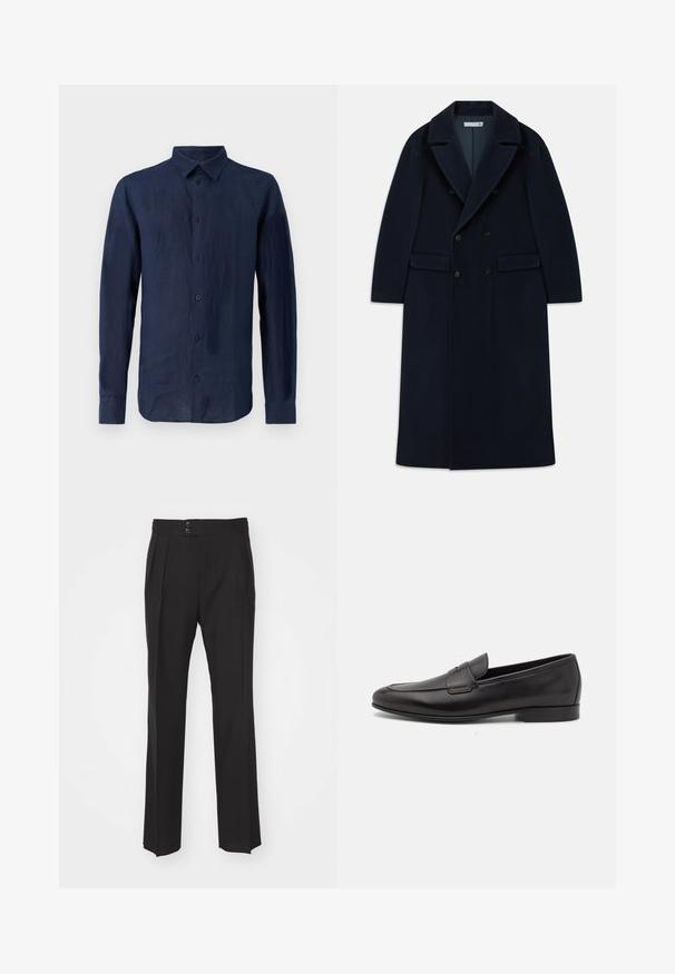 Cappotto lungo in lana doppiopetto di colore blu navy con ampi risvolti e tasche a pattina, progettato per il freddo.; Camicia a maniche lunghe blu navy in lino. Presenta un colletto classico, una patta con bottoni frontale e un tessuto testurizzato con una vestibilità rilassata.; Pantaloni neri su misura con design a gamba dritta, due tasche anteriori e chiusura a doppio bottone in vita. Tessuto dalla finitura liscia.; Mocassino da uomo in pelle nera con tacco basso e design classico a striscia, mostrato in profilo laterale su sfondo bianco.