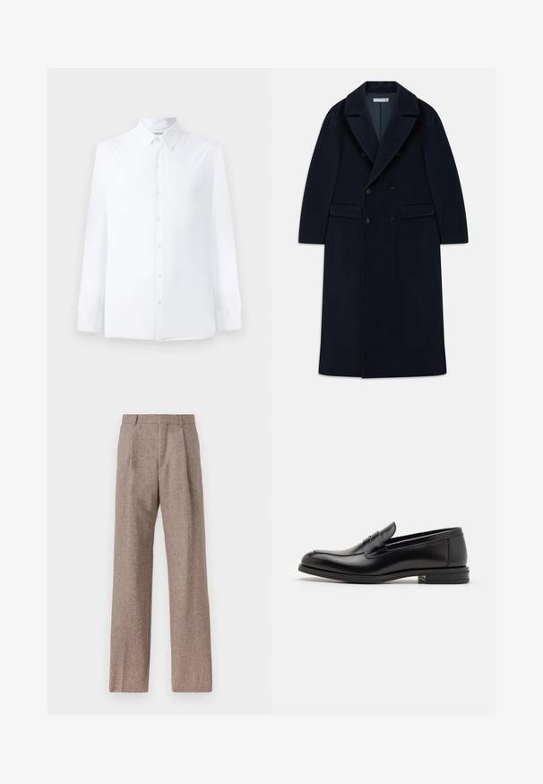 Sötétkék, dupla gombolású, hosszú gyapjúkabát széles hajtókákkal és zsebekkel, hideg időjárásra tervezve.; Fehér, hosszú ujjú ing, sima anyagból, klasszikus gallérral, elöl gombos záródással és testhezálló fazonnal. Nincsenek látható minták.; Barna, magas derekú nadrág texturált anyagból. Széles szárai és két elülső redője biztosítja a struktúrát. Ízléses kivitel, látható fémszerelés nélkül.; Fekete bőr loaferek sima textúrával, kerek orral és dekoratív pánttal a vampnál. Alacsony, rétegelt sarkú, minimalista dizájn.