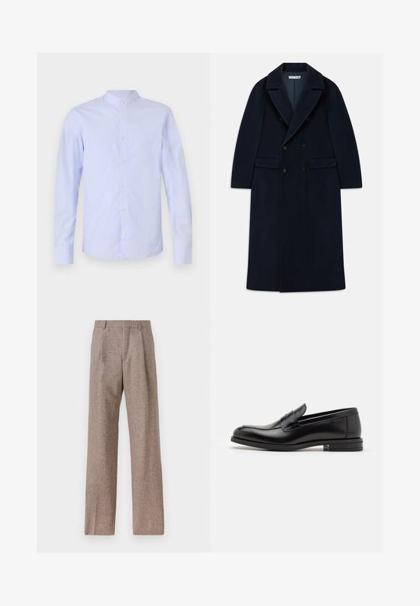 Tamsiai mėlynas dvigubos krūtinės ilgas vilnonis paltas su plačiais atvartais ir kišenėmis, skirtas šaltam orui.; Šviesiai mėlynas ilgomis rankovėmis marškinis su vertikaliomis baltomis juostelėmis, su juostos tipo apykakle ir mygtukų uždarymu, kuriame yra apvalūs balti mygtukai; lygus paviršius.; Rudos, aukšto liemens kelnes, pagamintas iš tekstūruotos medžiagos. Plati kojos, dvi priekinės klostės struktūrai. Tvarkingas apdailos darbai, be matomų detalių.; Juodos odinės loafers, turinčios lygų paviršių, apvalią noselę ir dekoratyvinę juostą per priekinę dalį. Žemas krentantis kulnas, minimalistinis dizainas.