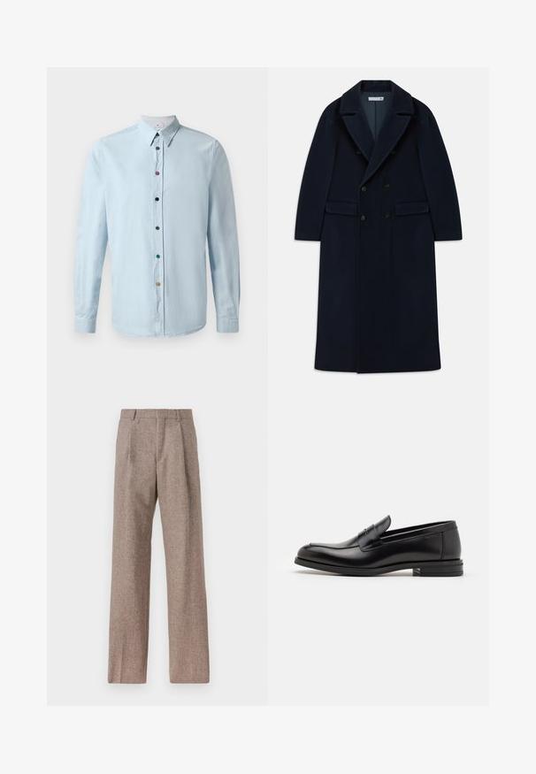 Cappotto lungo in lana doppiopetto di colore blu navy con ampi risvolti e tasche a pattina, progettato per il freddo.; Camicia azzurra a maniche lunghe realizzata in un tessuto morbido con chiusura a bottoni, caratterizzata da bottoni multicolori e colletto a punta.; Pantaloni marroni a vita alta realizzati in tessuto testurizzato. Presentano gambe ampie e due pieghe frontali per struttura. Rifinitura curata senza hardware visibile.; Mocassini neri in pelle con una texture liscia, punta arrotondata e una striscia decorativa sulla tomaia. Tacco basso impilato, design minimalista.