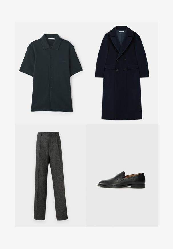 Granatowy, podwójnie zapięty długi płaszcz wełniany z szerokimi klapami i kieszeniami z klapami, zaprojektowany na zimną pogodę.; Ciemnozielona, krótko rękawowa koszula zapinana na guziki, wykonana z teksturowanej tkaniny, z kołnierzykiem i delikatnym logo po lewej stronie.; Szare spodnie o dopasowanym kroju wykonane z teksturowanej tkaniny, z dwoma fałdami z przodu i prostymi nogawkami. Brak widocznych kieszeni i zdobień.; Czarne skórzane mokasyny z zaokrąglonym noskiem, subtelnymi przeszyciami i niskim obcasem, charakteryzujące się gładką teksturą i minimalistycznym designem.
