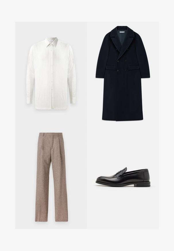 Marineblauer doppelt knöpfbarer, langer Wollmantel mit breiten Revers und Klappentaschen, entworfen für kaltes Wetter.; Weißes Langarmhemd mit feinen vertikalen Streifen, mit Knöpfen, spitzen Kragen und Manschettendetails. Hergestellt aus leichtem Stoff.; Braune, hochtaillierte Hose aus strukturiertem Stoff. Mit weitem Bein und zwei vorderen Bügelfalten für zusätzliche Form. Saubere Verarbeitung ohne sichtbare Hardware.; Schwarze Lederloafers mit glatter Textur, rundem Zehenbereich und einem dekorativen Riemen über dem Vorderfuß. Niedriger, gestapelter Absatz, minimalistisches Design.