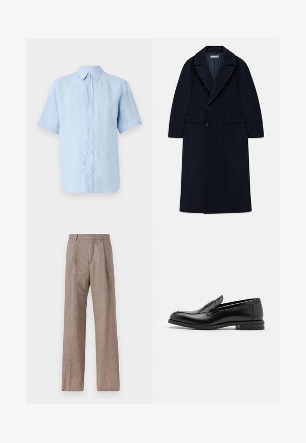 Sötétkék, dupla gombolású, hosszú gyapjúkabát széles hajtókákkal és zsebekkel, hideg időjárásra tervezve.; Tiger of Sweden SPENSER - Ing - summer sky; Barna, magas derekú nadrág texturált anyagból. Széles szárai és két elülső redője biztosítja a struktúrát. Ízléses kivitel, látható fémszerelés nélkül.; Fekete bőr loaferek sima textúrával, kerek orral és dekoratív pánttal a vampnál. Alacsony, rétegelt sarkú, minimalista dizájn.