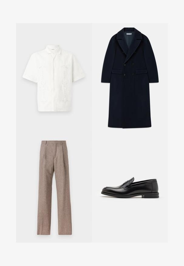 Marineblauer doppelt knöpfbarer, langer Wollmantel mit breiten Revers und Klappentaschen, entworfen für kaltes Wetter.; Weißes kurzärmliges Hemd aus leichtem Stoff, das mit aufwändiger Blumenstickerei in verschiedenen Mustern verziert ist, mit klassischem Kragen und Knopfverschluss.; Braune, hochtaillierte Hose aus strukturiertem Stoff. Mit weitem Bein und zwei vorderen Bügelfalten für zusätzliche Form. Saubere Verarbeitung ohne sichtbare Hardware.; Schwarze Lederloafers mit glatter Textur, rundem Zehenbereich und einem dekorativen Riemen über dem Vorderfuß. Niedriger, gestapelter Absatz, minimalistisches Design.