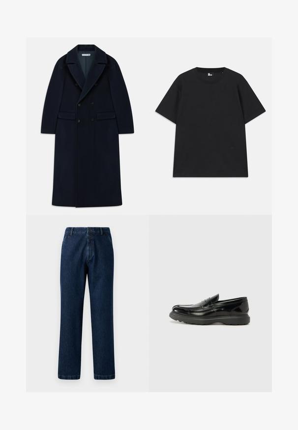 Granatowy, podwójnie zapięty długi płaszcz wełniany z szerokimi klapami i kieszeniami z klapami, zaprojektowany na zimną pogodę.; Czarna koszulka z krótkim rękawem wykonana z bawełny, z okrągłym dekoltem i małym detalem logo blisko dolnej krawędzi. Gładka faktura, standardowy krój.; Granatowe dżinsy o prostym kroju, z zapięciem na guzik i paskiem. Tkanina ma subtelną fakturę i klasyczne detale szycia.; Czarne skórzane mokasyny o błyszczącym wykończeniu, zaokrąglonym nosku, subtelnych detalach szycia i grubym gumowym spodzie dla trwałości.