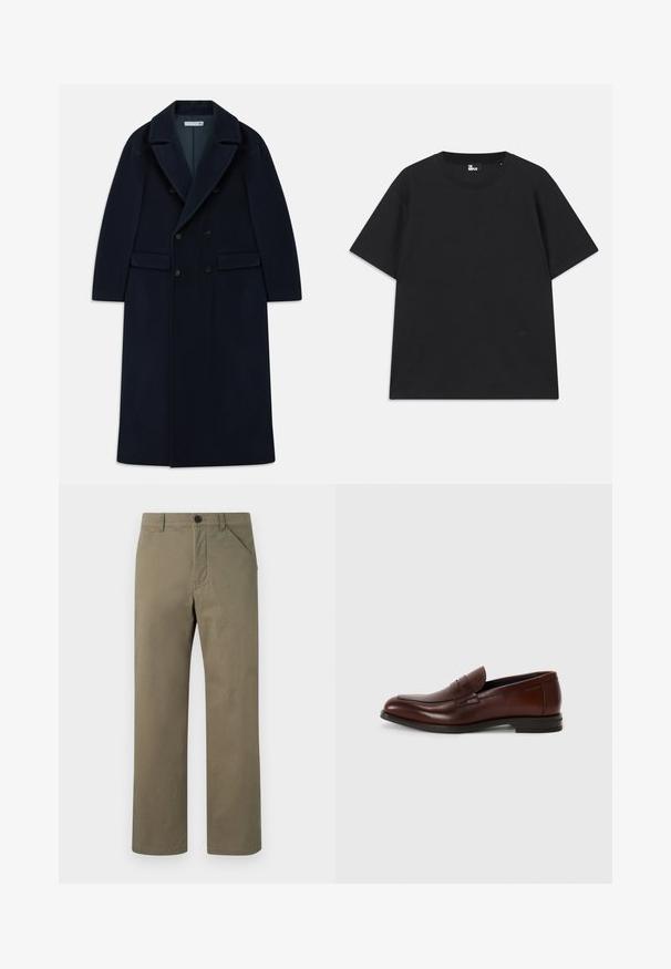 Jūras zila divrindas garā vilnas mētelis ar platām atlokām un kabatām ar atloku, paredzēts aukstam laikam.; Melna īsām piedurknēm t-krekls, izgatavots no kokvilnas, ar apaļu kakla izgriezumu un mazu logotipa detaļu pie apakšmalas. Gluda tekstūra, standarta piegriezums.; Gaiši olīvu zaļas bikses, kas izgatavotas no gludas, izturīgas auduma. Tām ir pogas un rāvējslēdzēja aizdare, sānu kabatas un taisnas kājas dizains.; Brūni ādas loaferi ar noapaļotu purngalu, priekšējo siksniņu un zemu krautu papēdi. Gluda tekstūra ar minimāliem dekoratīviem akcentiem.