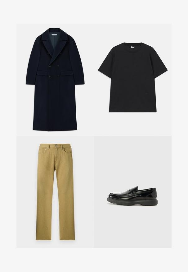 Jūras zila divrindas garā vilnas mētelis ar platām atlokām un kabatām ar atloku, paredzēts aukstam laikam.; Melna īsām piedurknēm t-krekls, izgatavots no kokvilnas, ar apaļu kakla izgriezumu un mazu logotipa detaļu pie apakšmalas. Gluda tekstūra, standarta piegriezums.; Olīvu zaļas, taisnas kājas bikses ar priekšējiem kabatām, pogu aizdari un smalku faktūru auduma virsmā.; Melnas ādas loafers ar spīdīgu apdari, noapaļota pirksta forma, smalkas šuvju detaļas un bieza gumijas zole ilgstošai lietošanai.