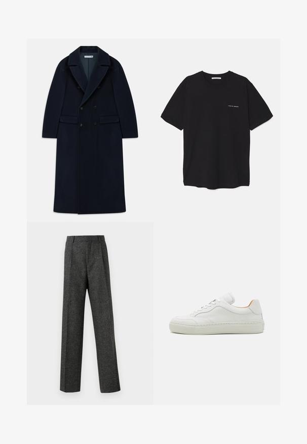 Tumedast sinine kahepaneelne pikk villane mantel laiate klappidega ja flapi taskutega, mis on mõeldud külmade ilmade jaoks.; Must musta T-särk, ümar kaelus, lühikesed varrukad ja valge logo trükk vasakul rinnal. Lihtne, ühtlane värvitoon.; Hallidehased hallid püksid tekstureeritud kangast, millel on kaks eesmist voldi ja sirge sääre disain. Pole nähtavaid taskuid ega kaunistusi.; Valge nahkne tennis, millel on ümar varvas, lamedad nöörid, pehmendatud keel ja tekstureeritud vaheosa. Omab sujuvat viimistlust ja minimalismi disaini.