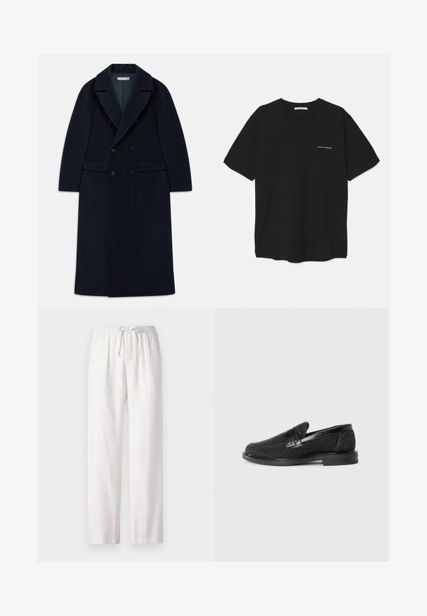 Námornícky modrý dvojradový dlhý vlněný kabát so širokými klopami a vreckami s chlopňami, navrhnutý do chladného počasia.; Čierne bavlnené tričko s okrúhlym výstrihom, krátkymi rukávmi a bielou potlačou loga na ľavej hrudi. Jednoduchý, jednoliaty dizajn.; Biele, ľahké nohavice s elastickým pásom a sťahovacou šnúrkou. Priamy strih s hladkou textúrou. Bez vzorov alebo akcentov.; Čierne tkané slip-on topánky s hladkým koženým akcentom na vrchnej časti, s okrúlym dizajnom špičky a nízkoprofilovou gumovou podrážkou.