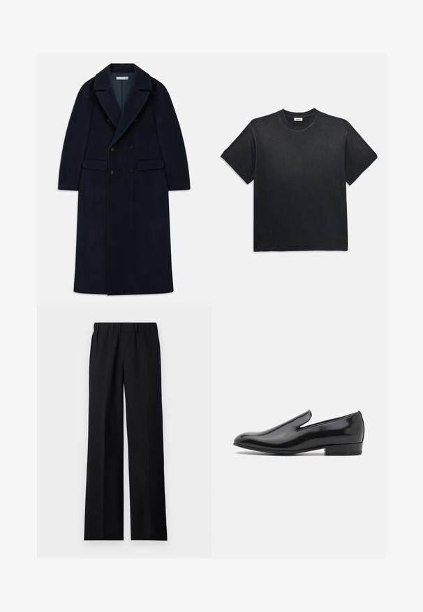 Cappotto lungo in lana doppiopetto di colore blu navy con ampi risvolti e tasche a pattina, progettato per il freddo.; T-shirt in cotone nero con scollatura rotonda e maniche corte. Presenta una vestibilità comoda, una texture liscia e un design minimalista.; sandro LARGE - Pantaloni - noir; Scarpa slip-on in pelle verniciata nera con punta arrotondata, dettagli di cucitura minimi e tacco basso a blocco. Texture liscia, design elegante.