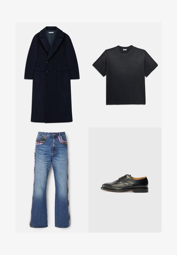 Tummansininen kaksirivinen pitkä villakangastakki leveillä lämmittävillä kauluksilla ja läpällisillä taskuilla, suunniteltu kylmää säätä varten.; Mustanmusta puuvillapaita, jossa on pyöreä kaula-aukko ja lyhyet hihat. Ominaisuudet: rento istuvuus, sileä rakenne ja minimalistinen muotoilu.; Siniset farkut lahkeet levenevät, joissa on koristeelliset sivupaneelit, joissa on monivärinen pörröinen pinta ja kontrastiväriset kangasalueet taskuissa.; Musta nahkakengät sileällä pinnalla, pyöreällä kärjellä ja vähäisellä nauhoituksella. Ominaisuuksiin kuuluu huomaamaton muotoilu ja matala, kestävä kumipohja.