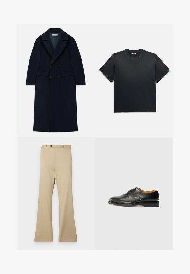 Sötétkék, dupla gombolású, hosszú gyapjúkabát széles hajtókákkal és zsebekkel, hideg időjárásra tervezve.; Fekete pamut póló kerek nyakkivágással és rövid ujjakkal. Lazább fazon, sima textúra és minimalista design jellemzi.; Sima anyagból készült bézs, bővülő nadrág. Gombos záródással, elülső zsebekkel és csípőn illeszkedő szabással, mely széles szárra terjed ki.; Fekete bőr dresszcipő sima felülettel, kerek orral és minimális fűzéssel. Diszkrét dizájn jellemzi, alacsony, masszív gumitalpakkal.