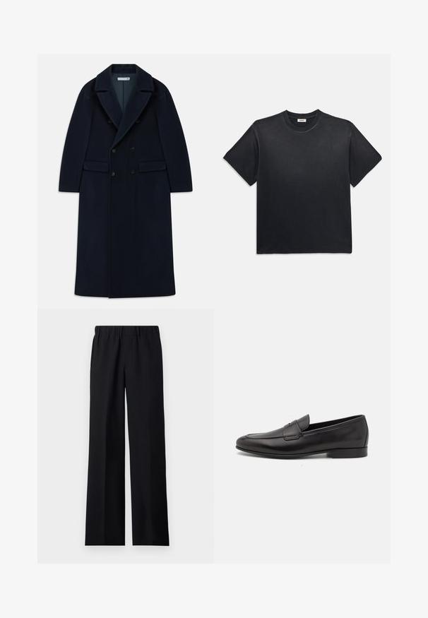 Námořnicky modrý dlouhý vlněný kabát s dvojitým zapínáním, širokými klopami a klopovými kapsami, navržený pro chladné počasí.; Černé bavlněné tričko s kulatým výstřihem a krátkým rukávem. Má uvolněný střih, hladkou strukturu a minimalistický design.; sandro LARGE - Kalhoty - noir; Černé kožené pánské mokasíny s nízkým podpatkem a klasickým designem se sponou, zobrazené v bočním profilu na bílém pozadí.