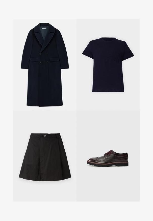 Manteau long en laine bleu marine à double boutonnage avec larges revers et poches à rabat, conçu pour les temps froids.; T-shirt en coton bleu marine avec un col rond, des manches courtes et une petite poche sur la poitrine. Il présente une texture douce et une coupe décontractée.; Jupe noire en forme de A en coton, dotée d'une taille avec un petit accent métallique, de détails plissés et d'un ourlet net.; Brogues en cuir marron avec des détails perforés, un bout arrondi, des accents en textile et une semelle extérieure en caoutchouc noir avec un bord coloré.