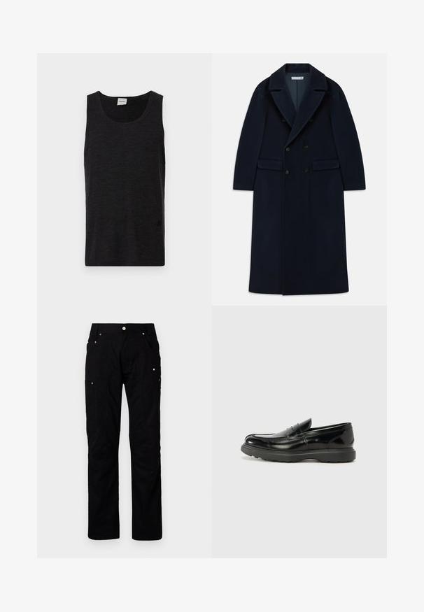 Abrigo largo de lana azul marino con doble botonadura, solapas anchas y bolsillos con solapa, diseñado para climas fríos.; Camiseta sin mangas negra hecha de material texturizado. Presenta un cuello redondo y un sutil logo cerca del dobladillo. Diseño simple.; Pantalones cargo negros fabricados con tejido duradero, que cuentan con múltiples bolsillos, costuras reforzadas y accesorios de metal para una mayor funcionalidad.; Mocasín de cuero negro con un acabado brillante, punta redondeada, detalles de costura sutiles y una suela de goma gruesa para mayor durabilidad.