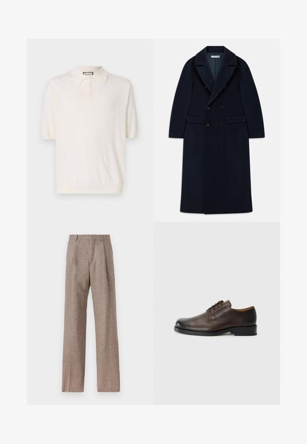 Abrigo largo de lana azul marino con doble botonadura, solapas anchas y bolsillos con solapa, diseñado para climas fríos.; Polo de manga corta en color crema con un cuello clásico, tapeta de cuatro botones y dobladillo acanalado. Fabricado con una tela suave y ligera.; Pantalones marrones de cintura alta hechos de una tela texturizada. Presentan piernas anchas y dos pliegues frontales para dar estructura. Acabado limpio sin hardware visible.; Zapato de cuero marrón con punta redondeada, tacón bajo, diseño con cordones y textura suave. Presenta costuras mínimas y un acabado pulido.