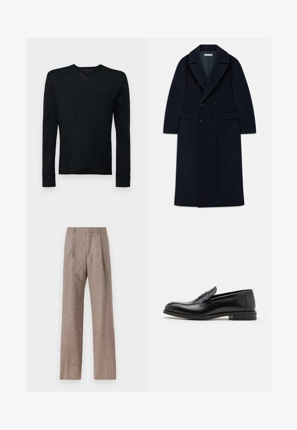 Marineblauwe dubbelknoop lange wollen jas met brede revers en klepzakken, ontworpen voor koud weer.; Zwart langemouwen shirt van zachte stof, met een ronde halslijn en vijf decoratieve knopen op de linkerschouder, en geribbelde manchetten.; Bruine, hooggewaisted broeken van een gestructureerde stof. Heeft wijde benen en twee voorplooien voor extra structuur. Net afgewerkt zonder zichtbare hardware.; Zwarte leren instappers met een gladde textuur, ronde neus en een decoratieve band over de wreef. Lage, gestapelde hak en minimalistisch ontwerp.