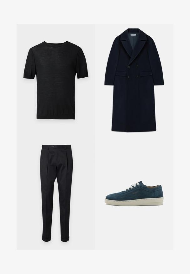 Tamno plavi dugi vuni kaput s dvostrukim kopčanjem, širokim reverima i džepovima s preklopima, dizajniran za hladno vrijeme.; Crna majica kratkih rukava od laganog, glatkog materijala s okruglim izrezom i jednostavnim, neukrašenim dizajnom.; Crne hlače od glatkog materijala, s preklopom sprijeda, kopčanjem na gumb i smotanim manžetama na gležnju.; Plave sneakersice od umjetne kože s okruglim vrhom, bijelim vezicama i gumenom potplatom. Imaju suptilno šivanje i brandiranu oznaku sa strane.